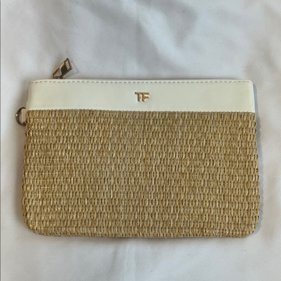 Tom Ford Beauty Raffia & White Leather Wristlet Pouch Clutch NEW